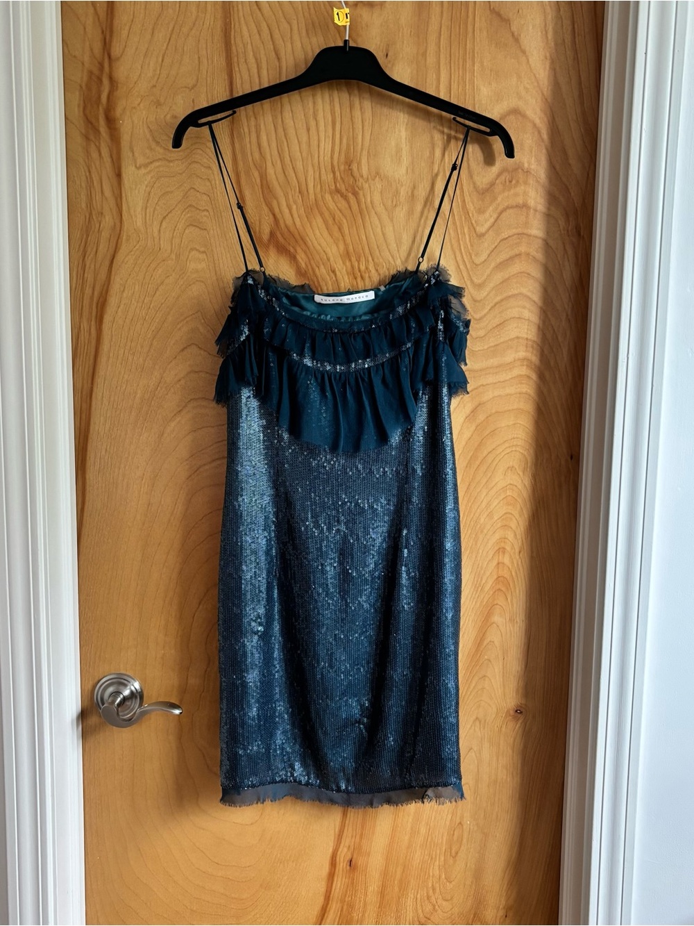 Susana Monaco Flutter Spaghetti Strap Teal Sequin Ruffle Slip Dress Size 8